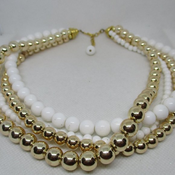 Four Strand Metallic Gold Tone White Beaded Necklace Multi Strand Bead  Necklace - Picture 7 of 10